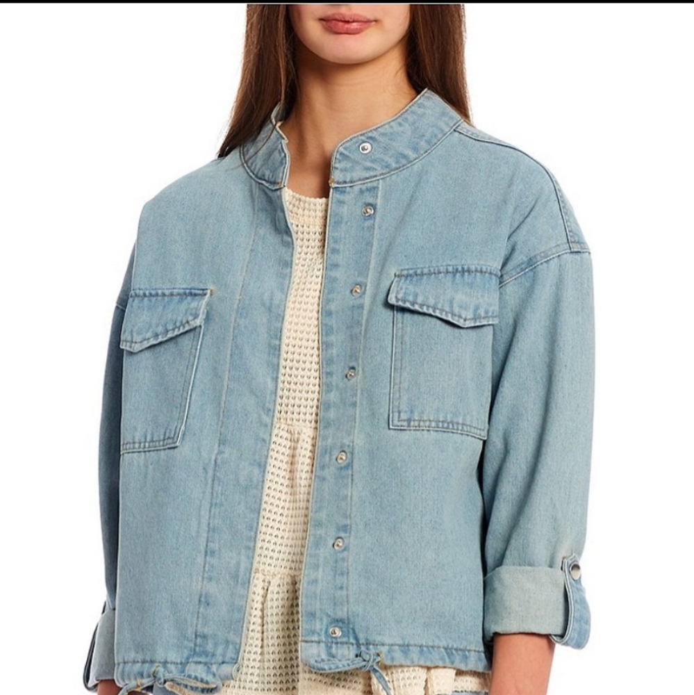 BLU PEPPER NWT WOMENS LONG-SLEEVE DRAWSTRING Detailed DENIM JEAN JACKET